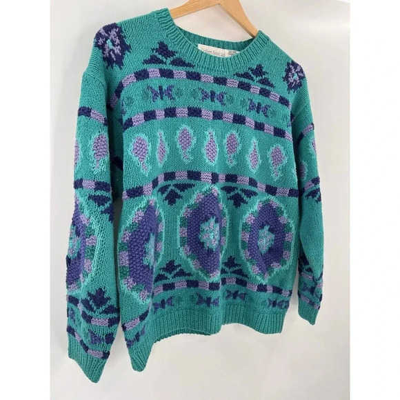 Robert Scott Ltd Women's Pullover Knit Sweater Blue Paisley MEDIUM Hand Knitted - Picture 2 of 15
